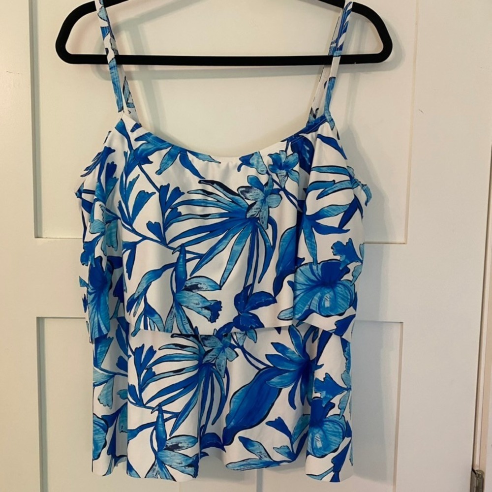 Sonnet Shores Blue White Tropical Floral Tiered Tankini Swim Top Womens 16 Beach